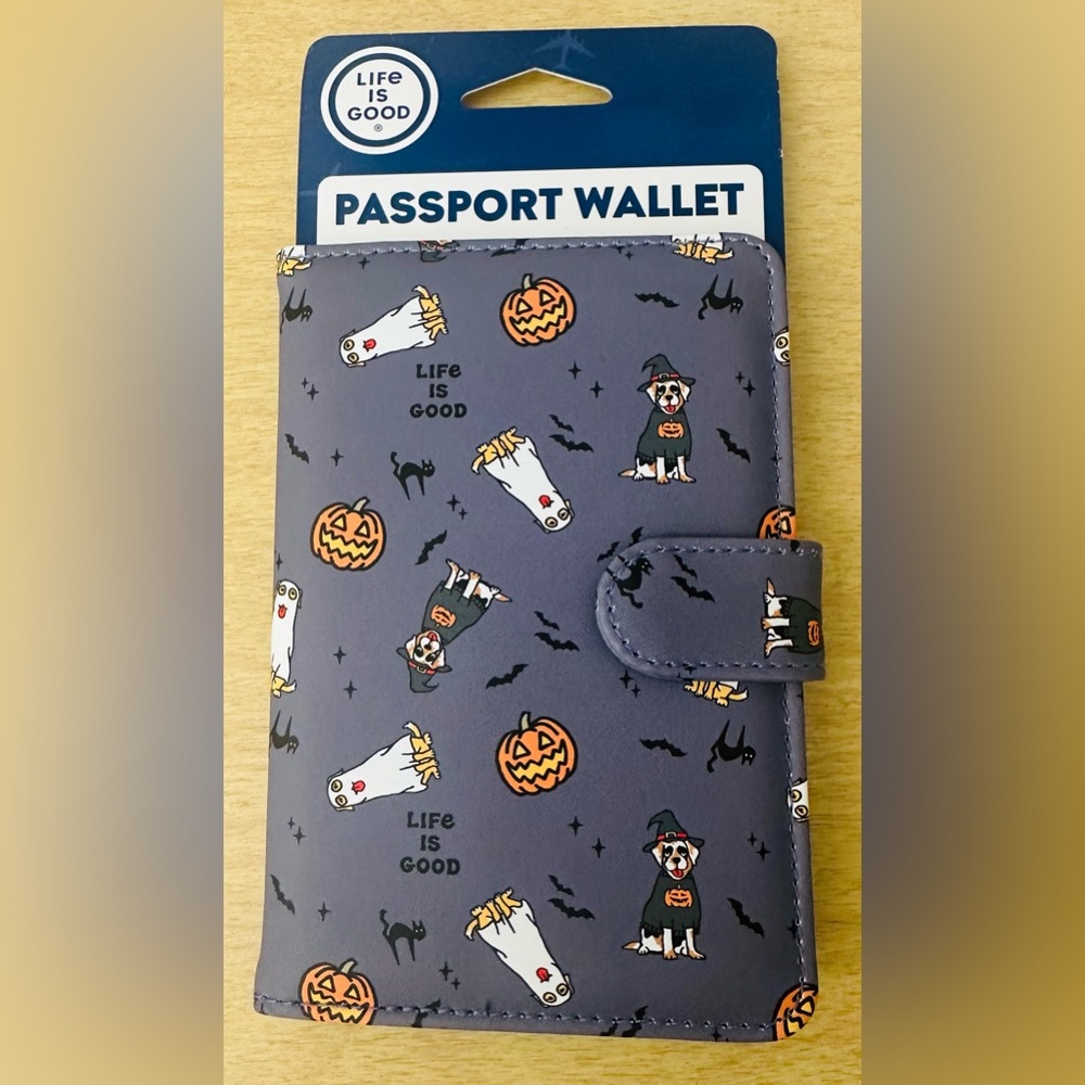 Life Is Good Halloween Passport Holder Pumpkins Ghosts Dogs Snap Closure Travel